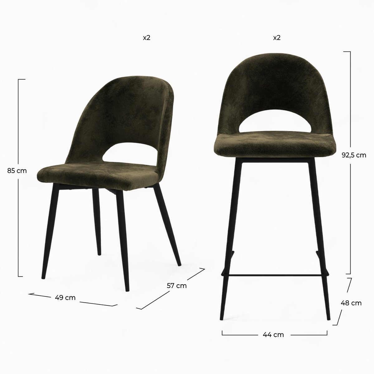 Pack 2 chaises et 2 chaises de bar 65 cm en velours - PÉNÉLOPE vert sapin, MAISON PAVANE