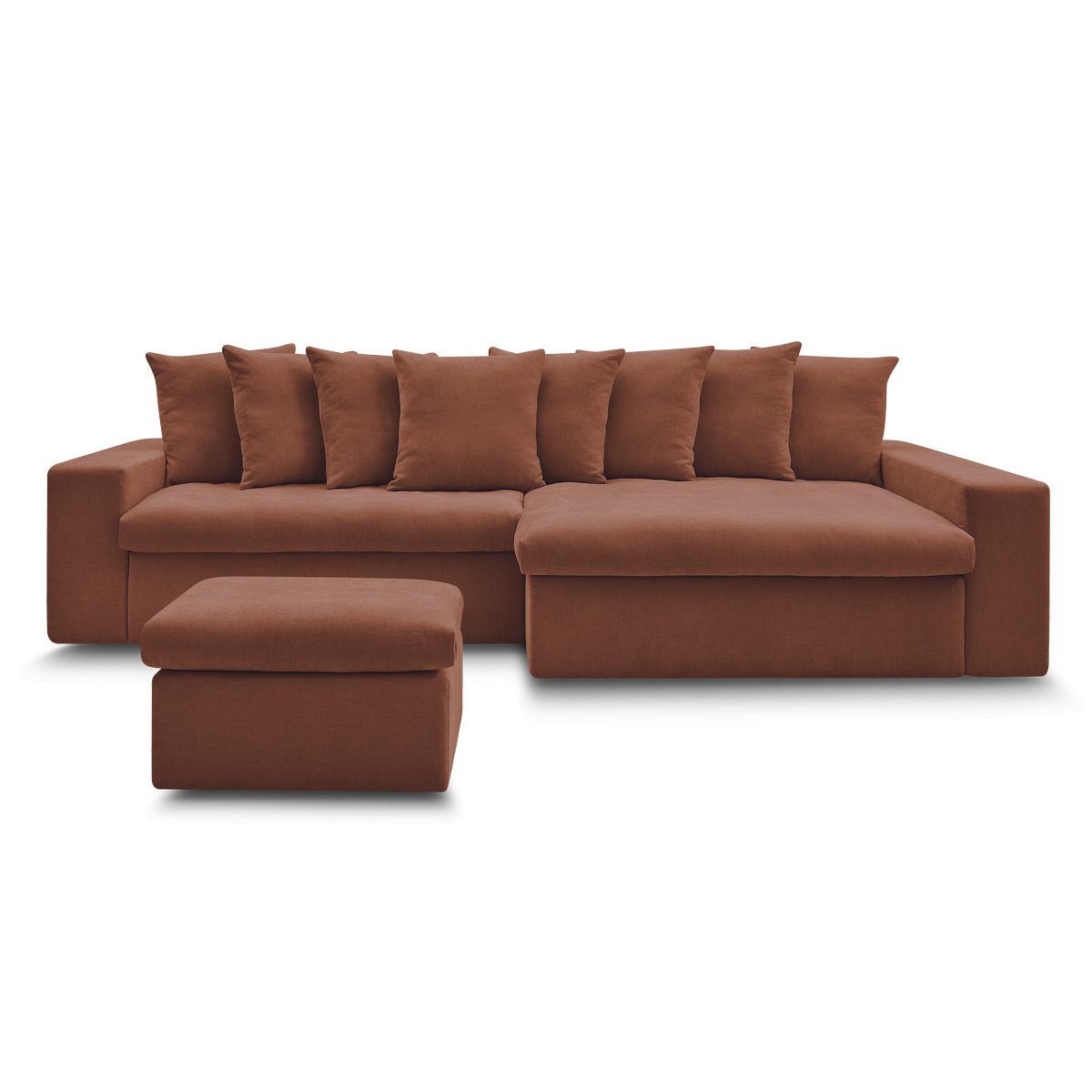 Canapé d'angle fixe 3 places en tissu lisse avec pouf, ENORE rouge, BOBOCHIC