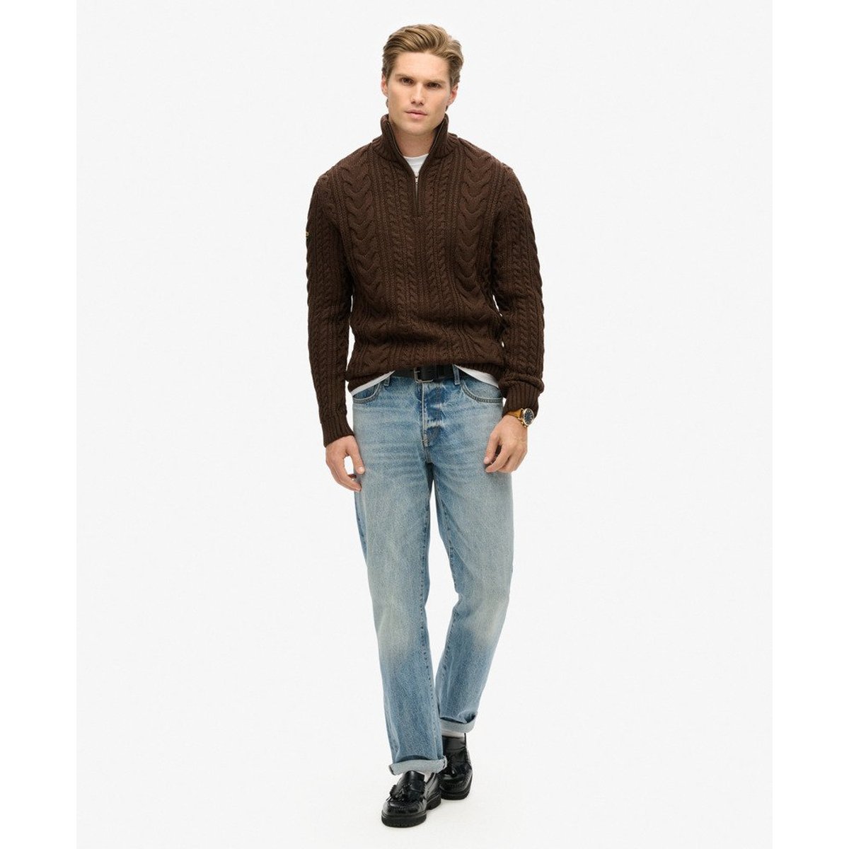 Pull en maille torsadée à col camionneur Vintage Jacob marron chocolat grillé, SUPERDRY
