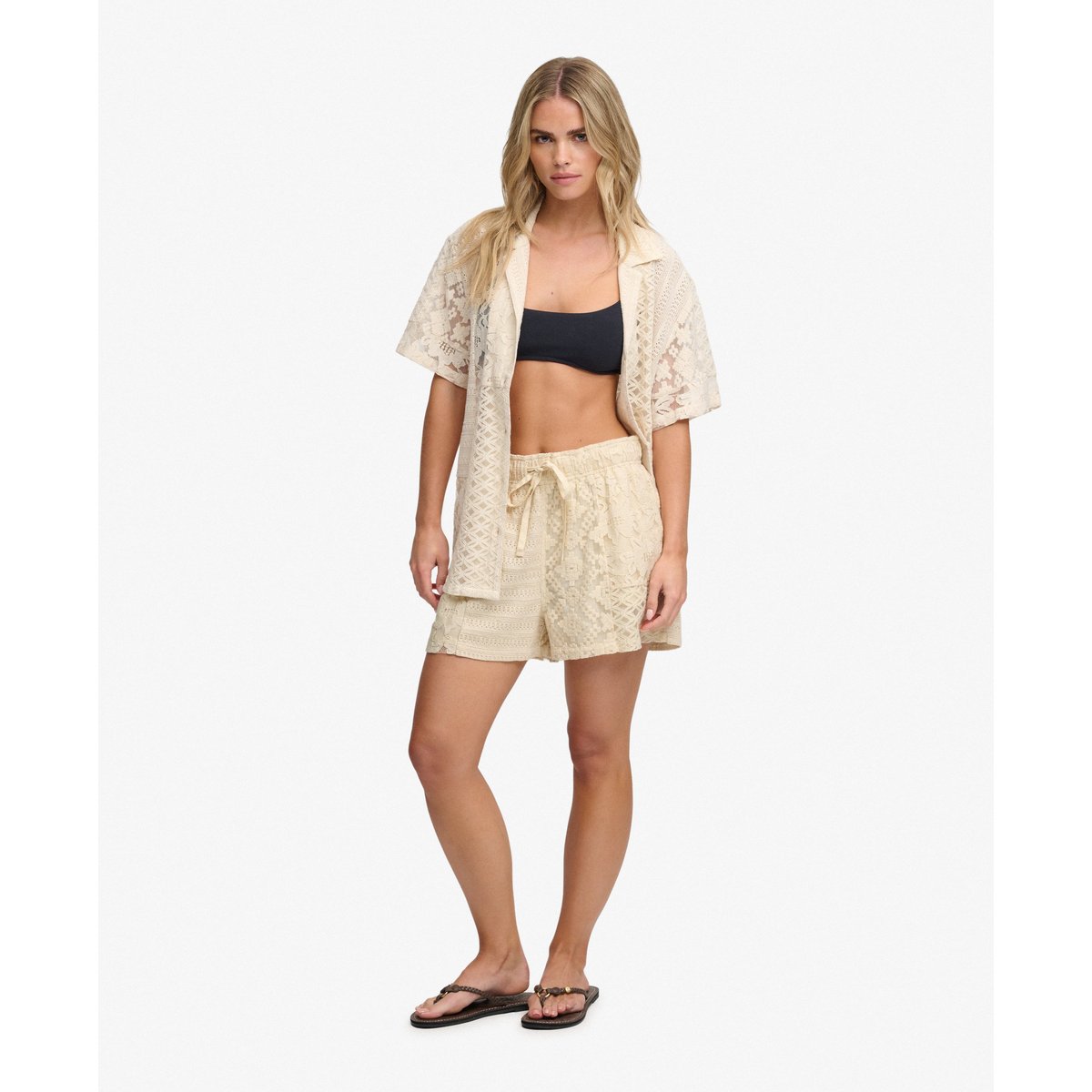 Short de Plage en Dentelle Coupe Décontractée écru poudré, SUPERDRY