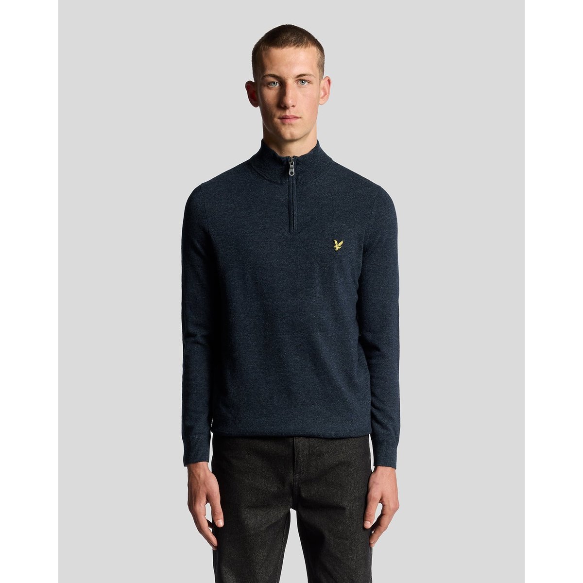 Pull camionneur en mélange de laine zippé bleu foncé marine chiné, LYLE & SCOTT