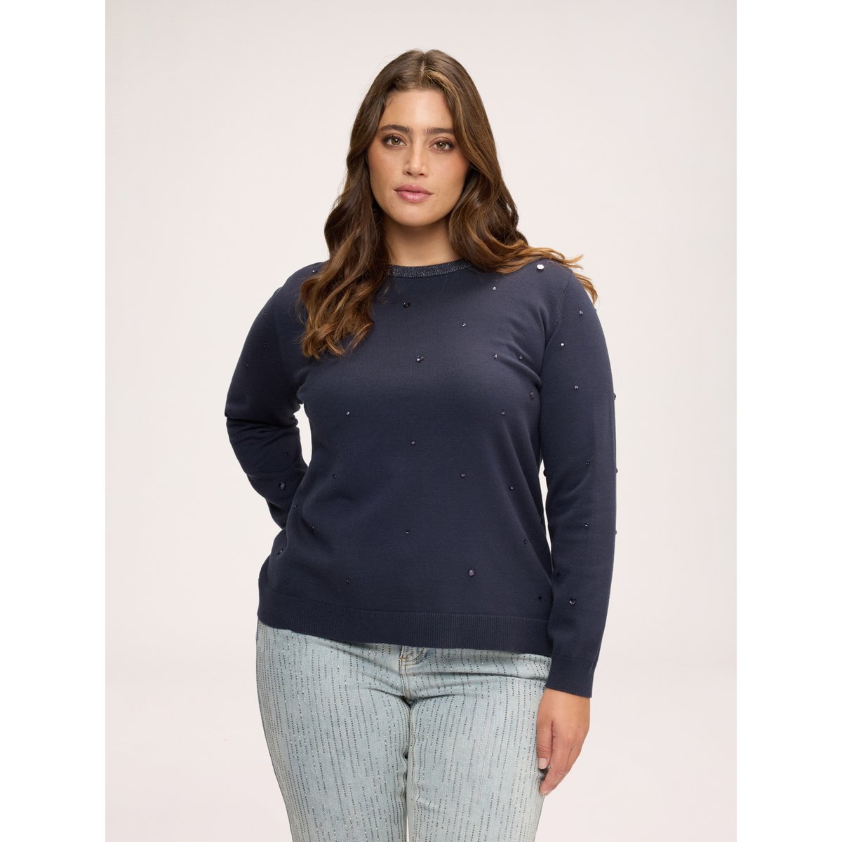 Pull col rond avec appliques bijoux bleu, FIORELLA RUBINO
