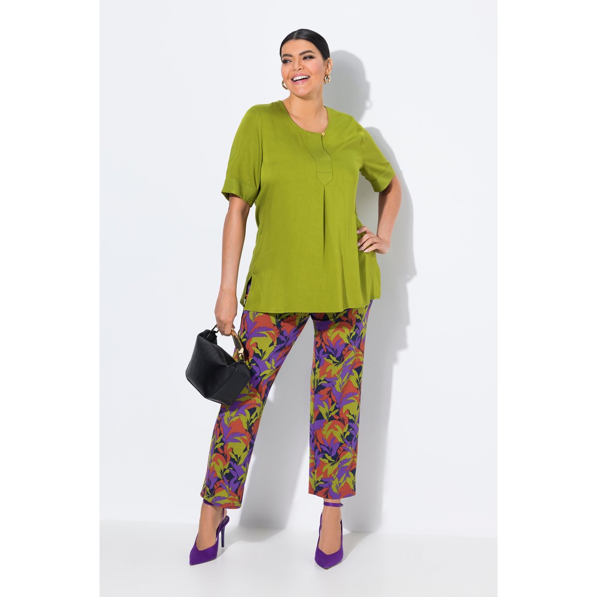 Pantalon Sienna en jersey motif feuilles marine, ULLA POPKEN