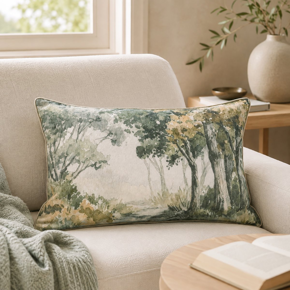 Coussin motif aquarelle forêt - QABANE vert, HOME MAISON