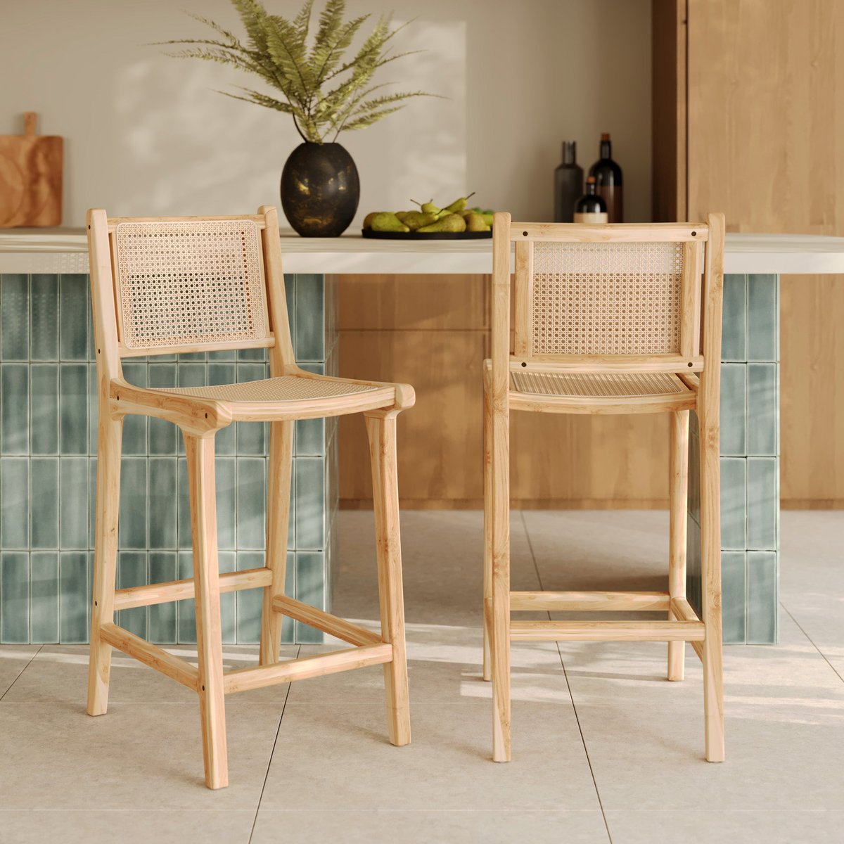 Lot de 2 chaises pour îlot central en teck et cannage rotin 66,5 cm - KYLA naturelle, MAISON PAVANE