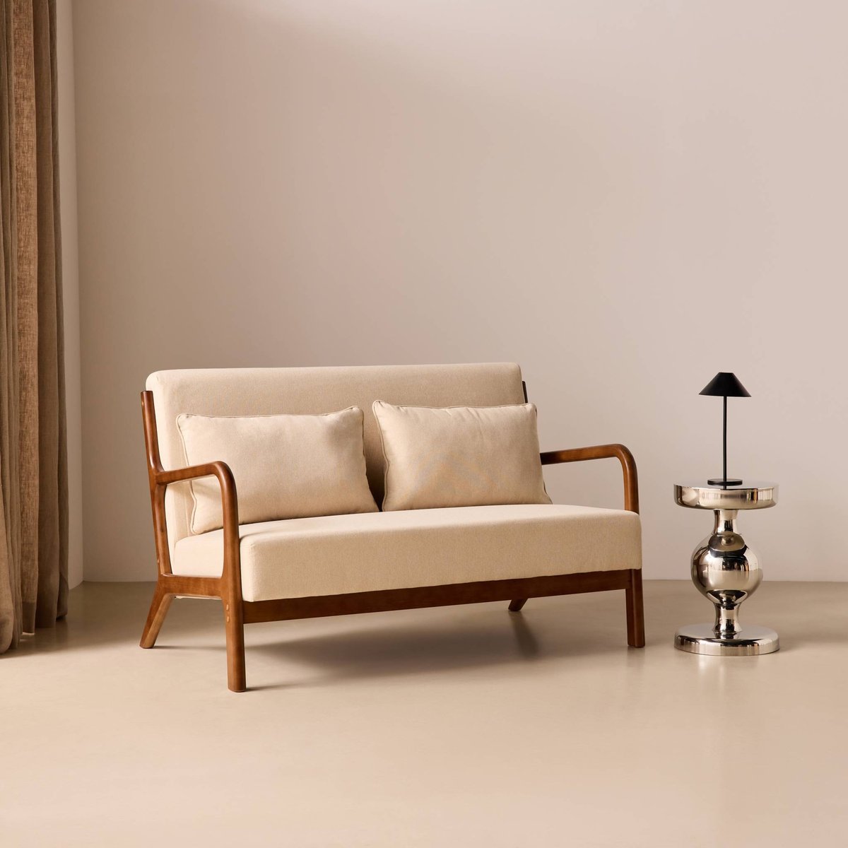 Banquette scandinave 2 places bois d'hévéa teinté noyer clair et tissu LORENS beige, SWEEEK