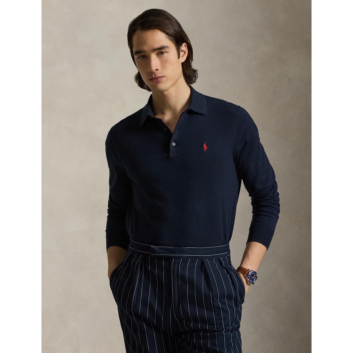 Pull col polo en coton bleu marine, POLO RALPH LAUREN