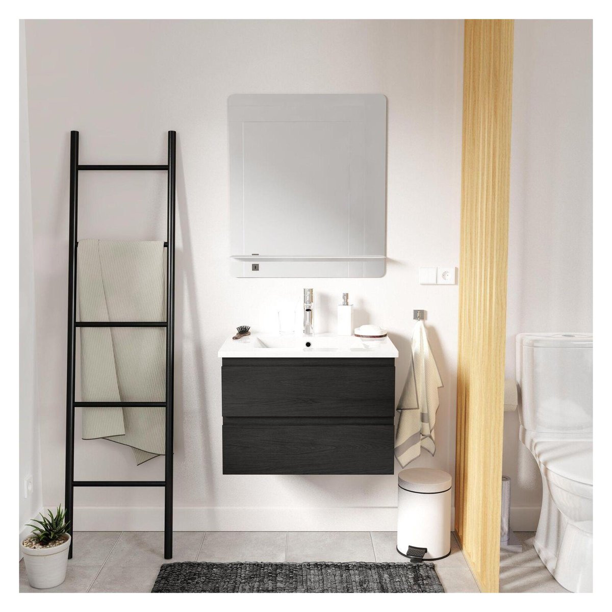 Ensemble meuble simple vasque 60 cm + robinet + miroir SORRENTO décor chêne carbone, MOB IN