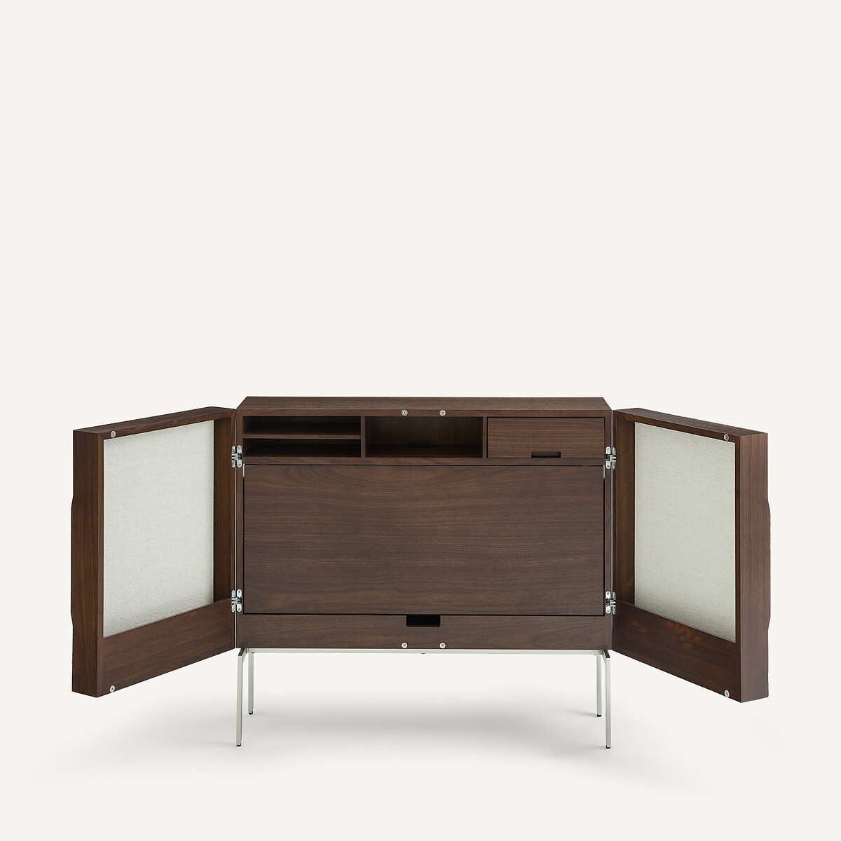 Bureau armoire bas en plaqué noyer et tissu texturé, OMID beige ficelle/noyer, AM.PM
