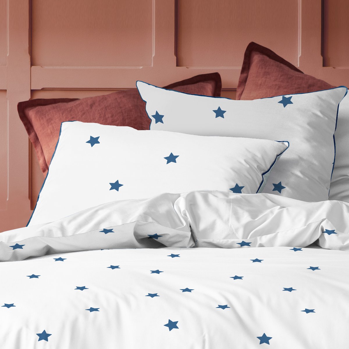 Parure de lit imprimée 100% coton, NUIT ETOILÉE blanc, bleu, MATT ET ROSE