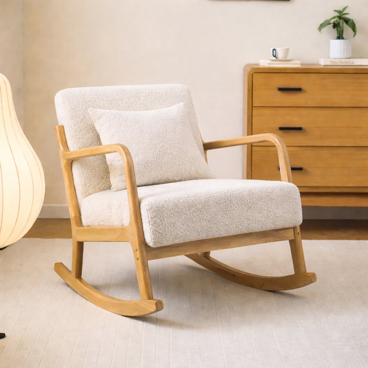Rocking chair, bois et bouclette, DIANA blanc cassé, NORDLYS