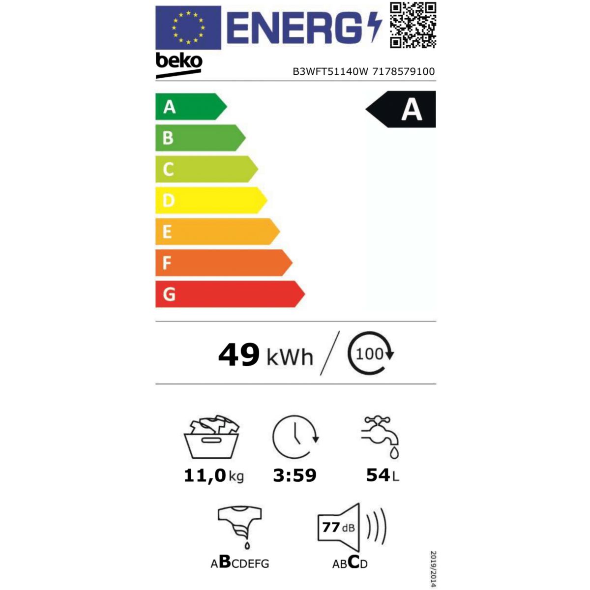 Lave linge hublot B3WFT51140W blanc, BEKO
