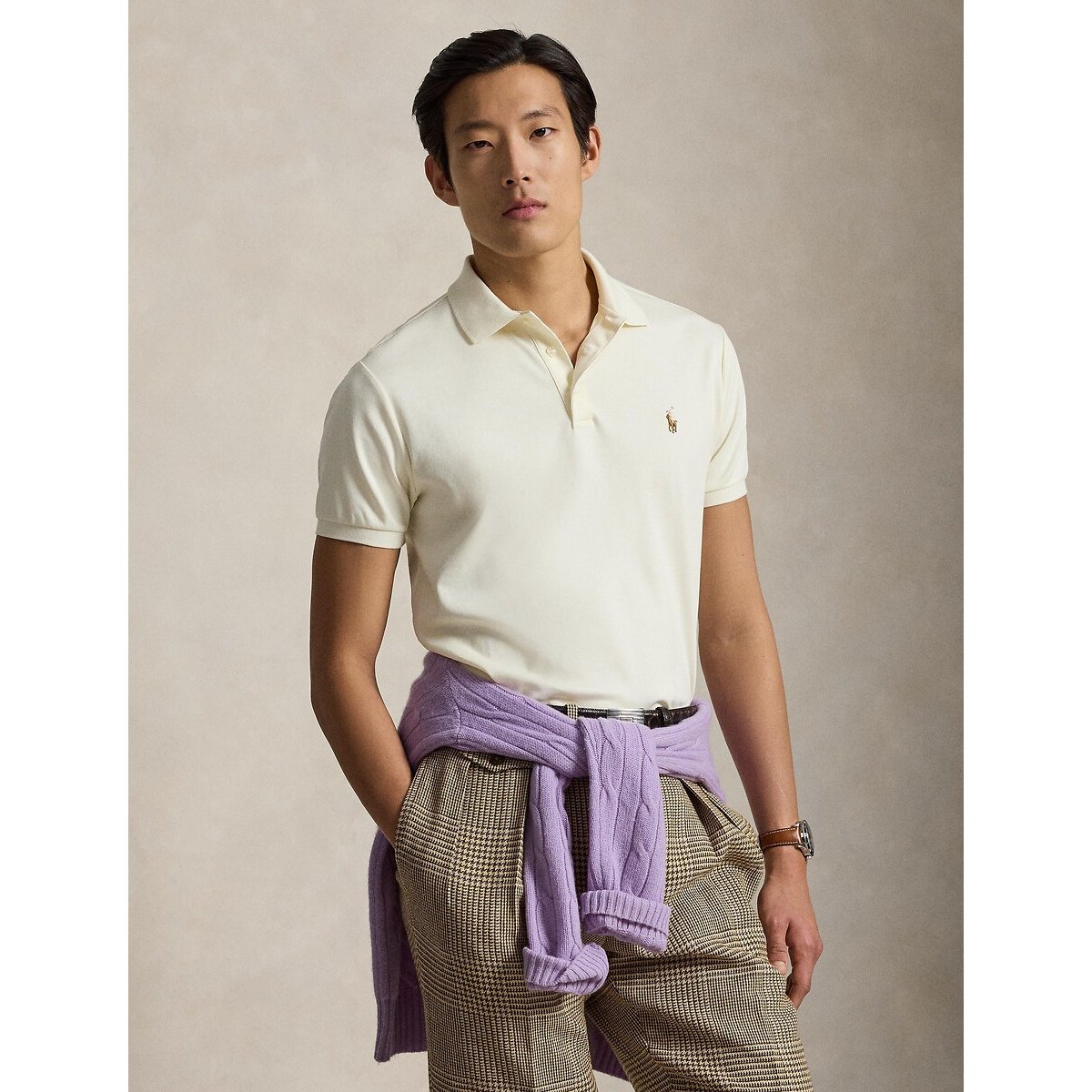 Polo Custom Fit Pima coton logo brodé crème, POLO RALPH LAUREN