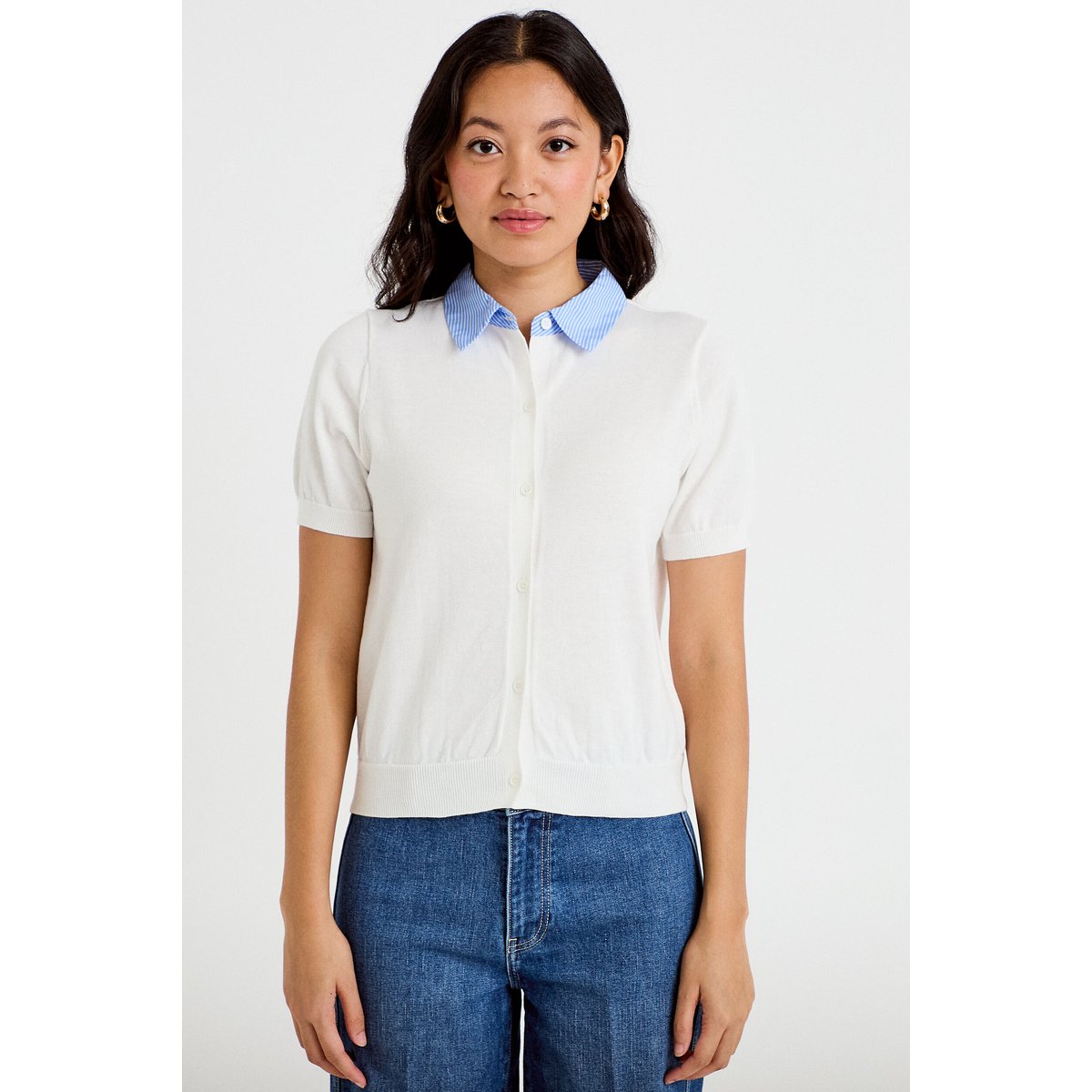 Polo col chemise manches courtes blanc, CACHE CACHE