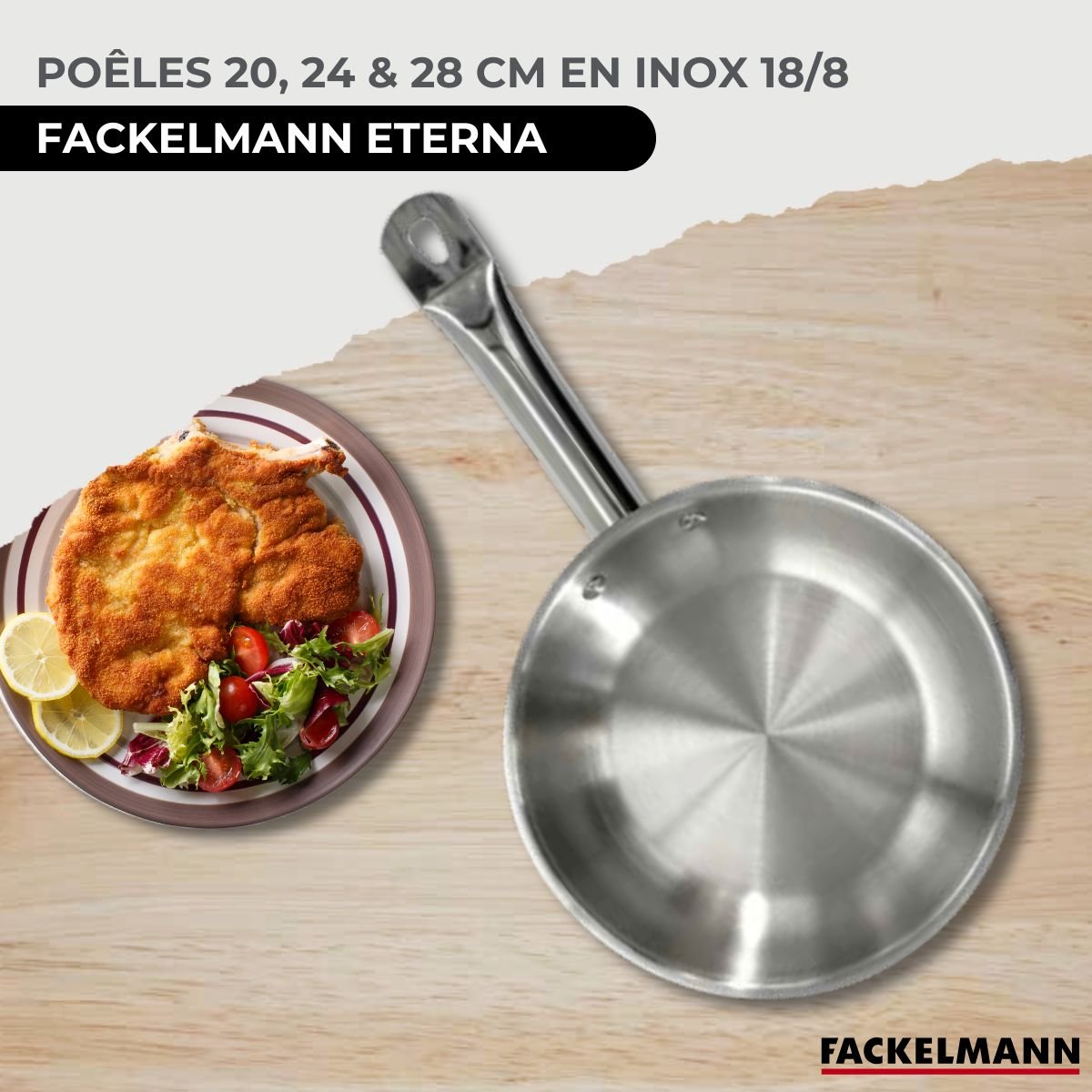 Set de 3 poêles 20 24 et en inox et 6 ustensiles ETERNA inox|noir, FACKELMANN