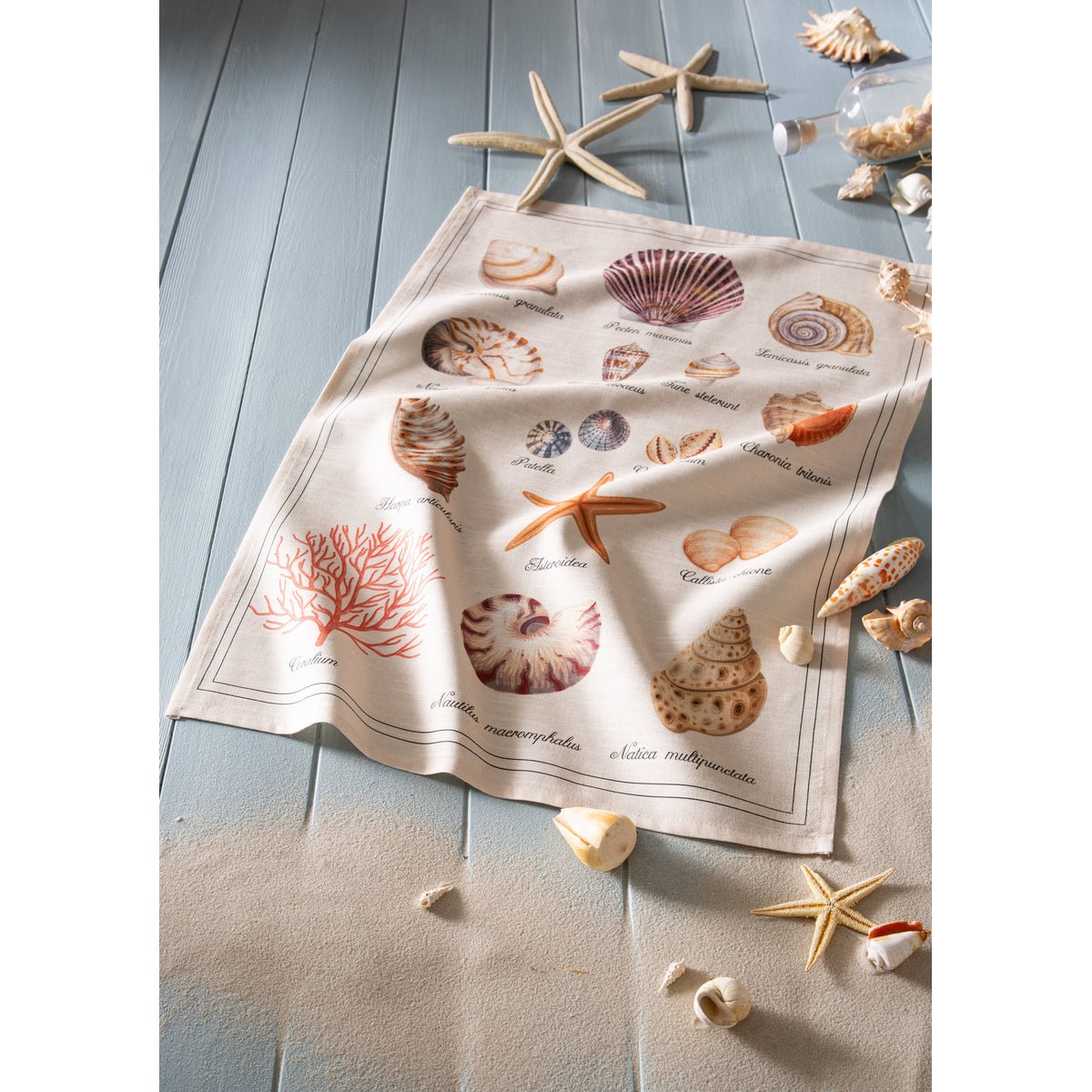 Torchon imprimé coton et lin TRÉSOR DE LA MER beige, COUCKE