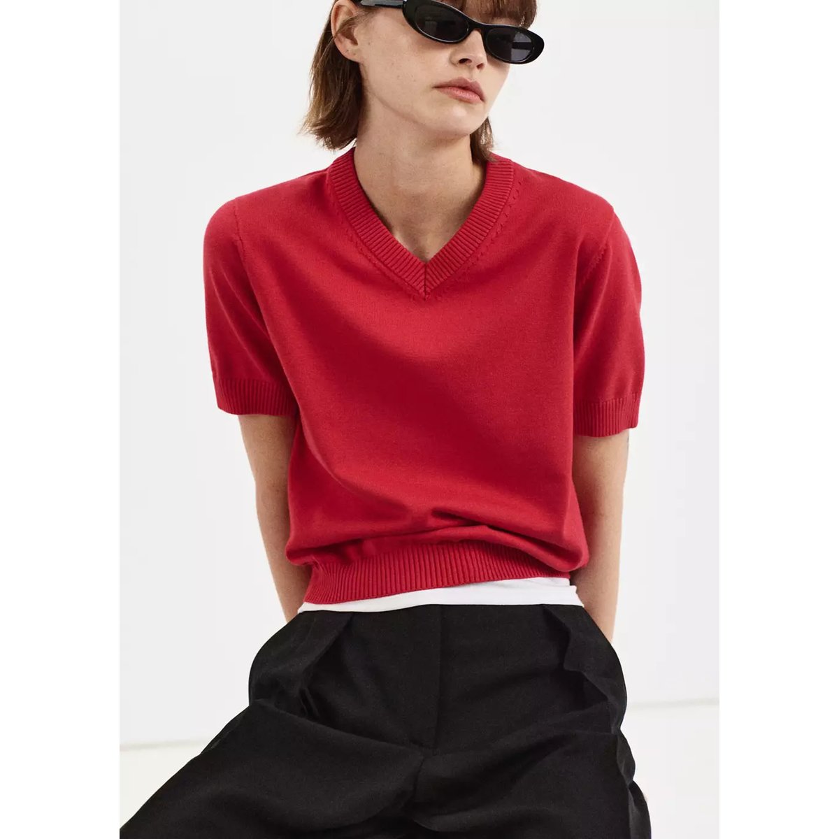 Pull-over maille col en V rouge, MANGO