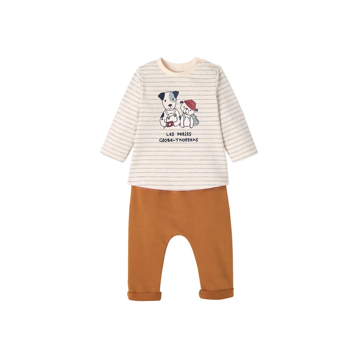 Ensemble bébé tee-shirt et pantalon en molleton rayé / caramel, VERTBAUDET