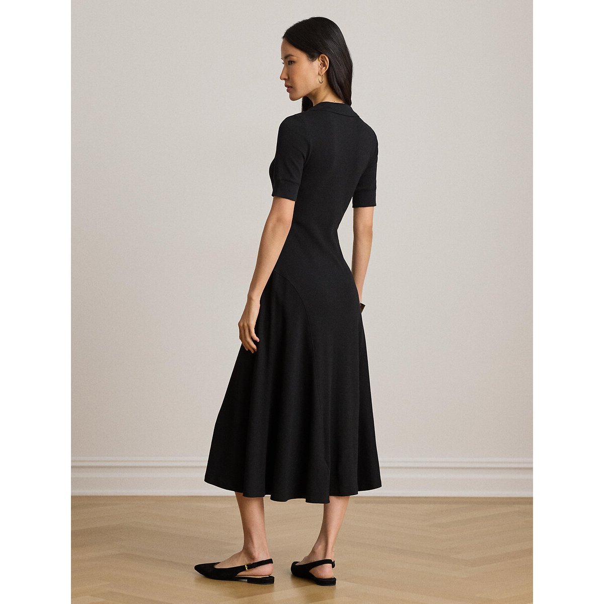 Robe midi manches courtes à col polo noir, LAUREN RALPH LAUREN