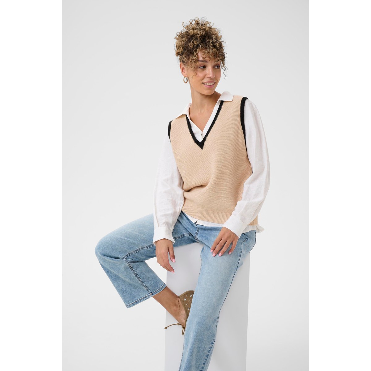 Manteau tricoté beige oat melange, CREAM