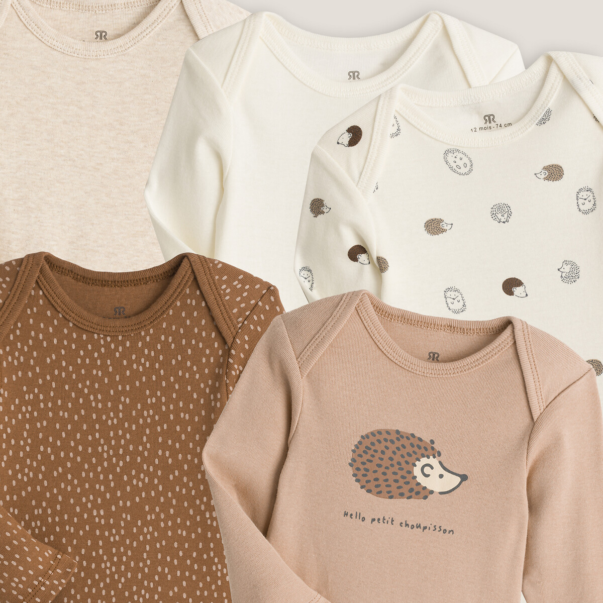 Lot de 5 bodies manches longues imprimé hérisson marron + beige + écru, LA REDOUTE COLLECTIONS
