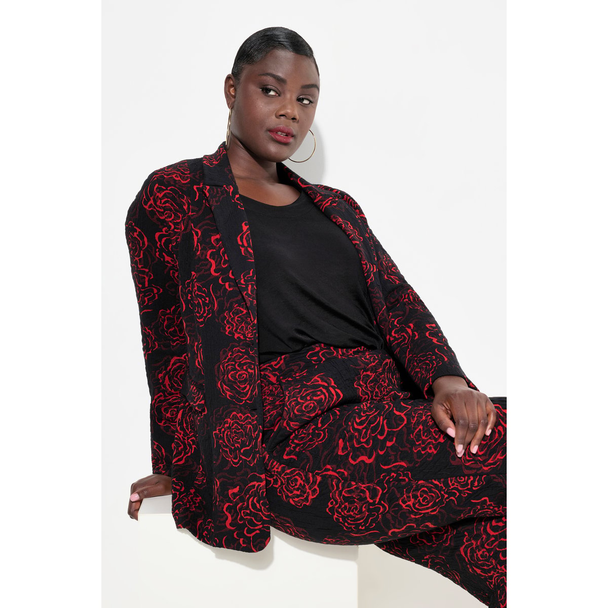 Blazer en jersey, motif Jacquard à fleurs salsa, ULLA POPKEN
