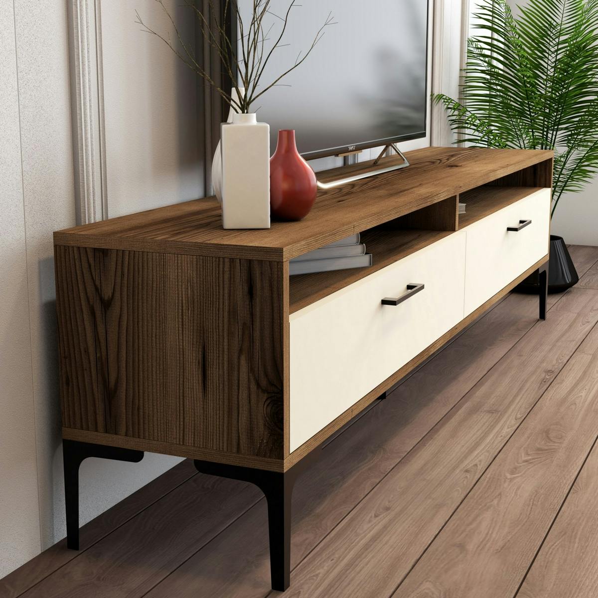 Meuble TV moderne décor bois foncé et portes crème JENA marron, PIER IMPORT