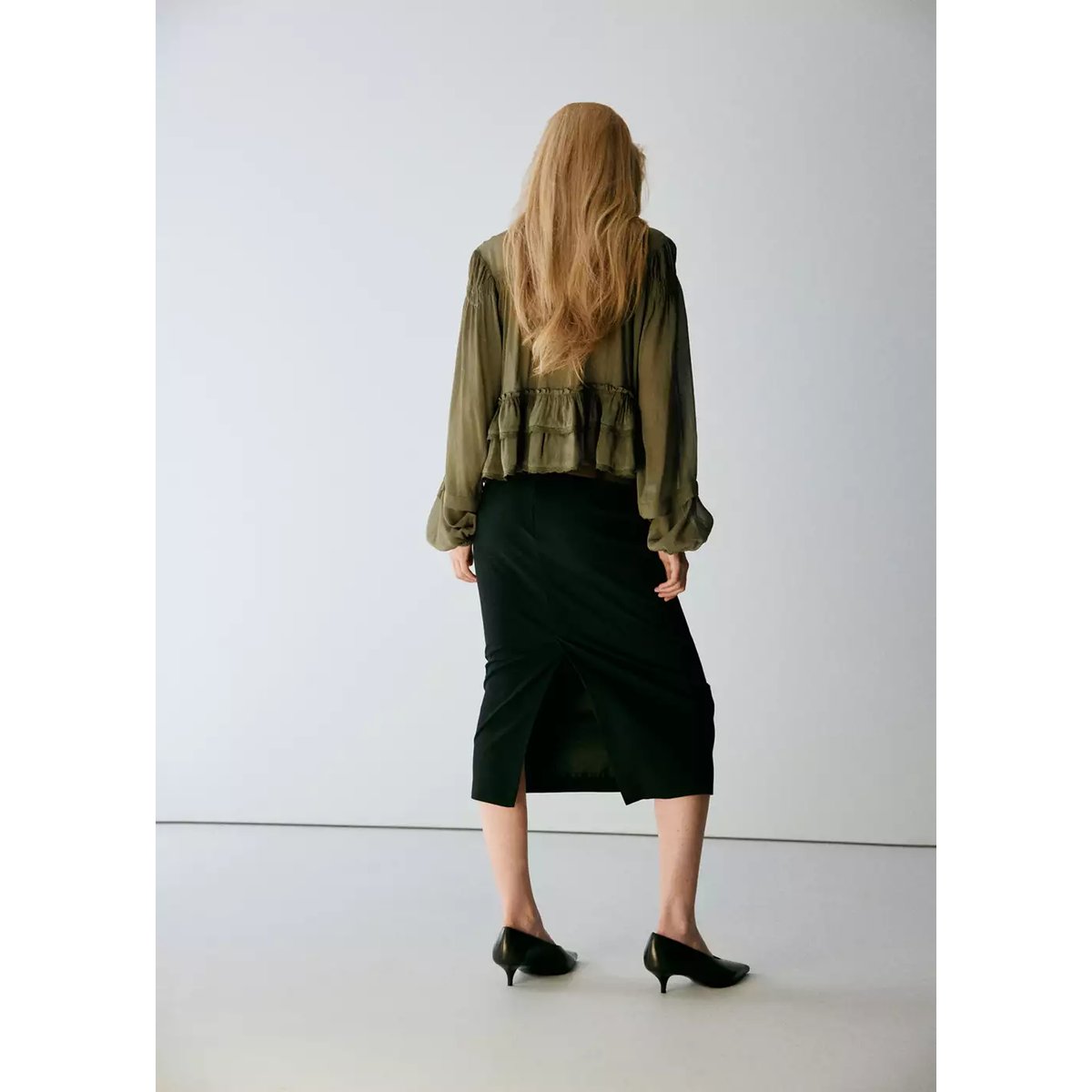 Blouse à volants détails dentelle vert, MANGO