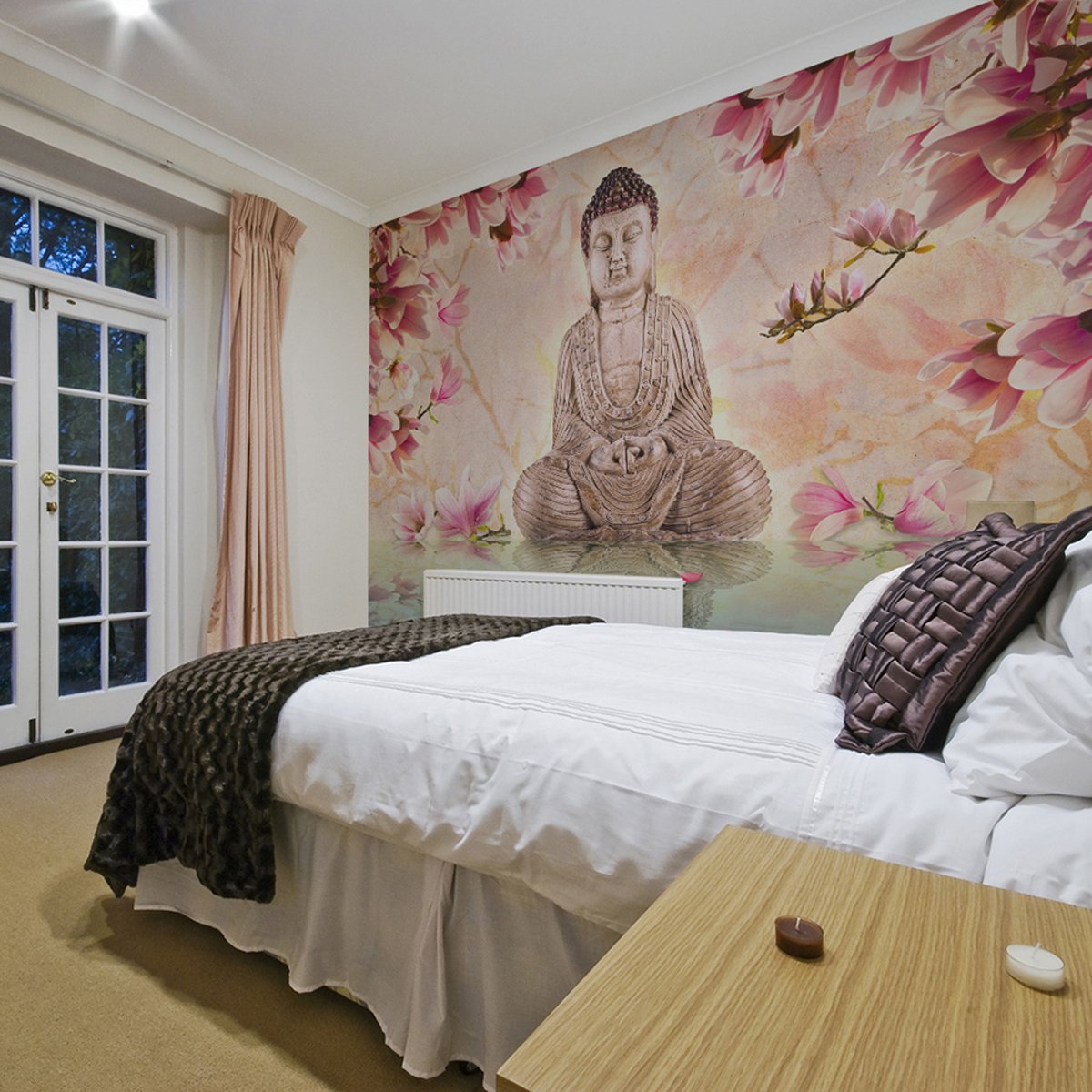 Papier peint intissé panoramique Orient Bouddha et magnolia gris / argent, EDEN