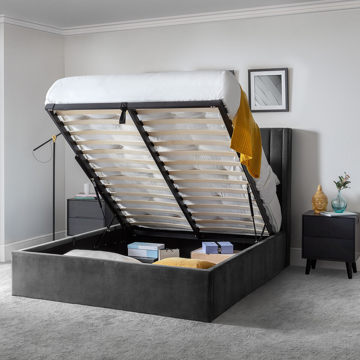 Varese Scalloped Velvet Ottoman Storage Bed grey, SO'HOME
