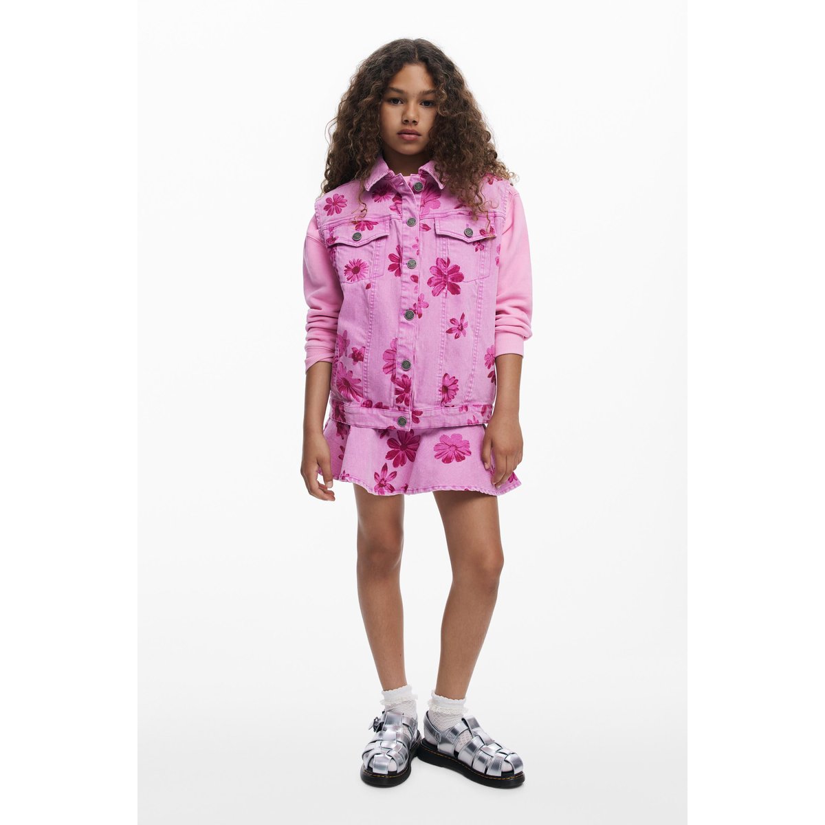Jupe courte denim fleurs rouge, DESIGUAL