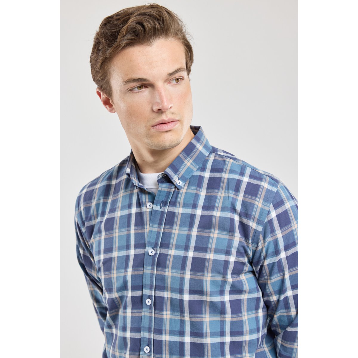 Chemise coupe droite en coton et lin carreau marine/obscur, ARMOR-LUX