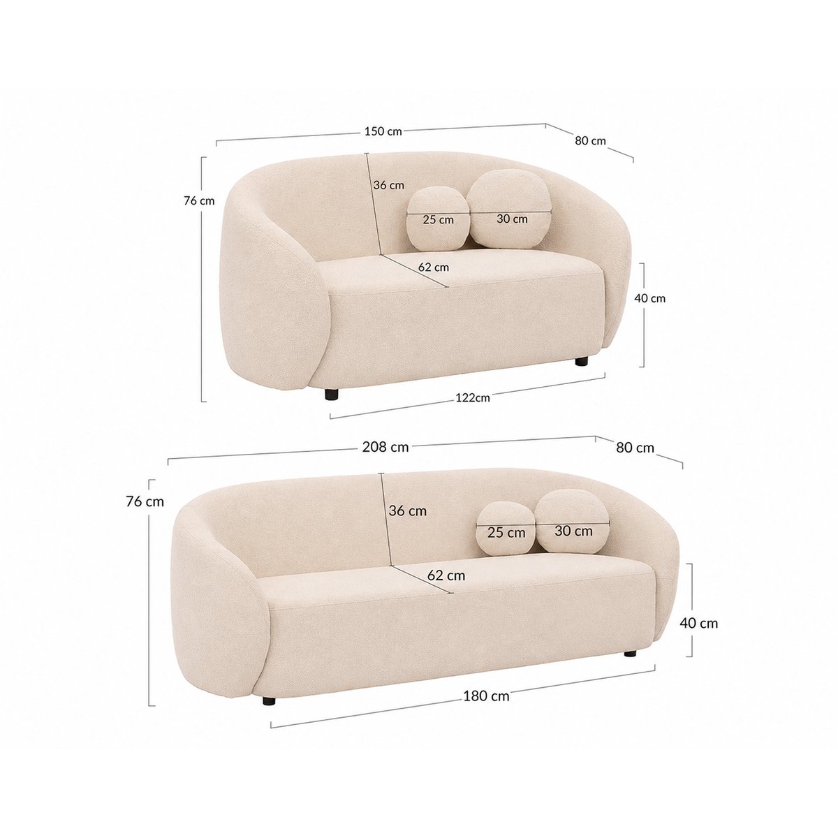 Flore - Ensemble de canapés droits 2+3 places tissu bouclette beige, LISA DESIGN