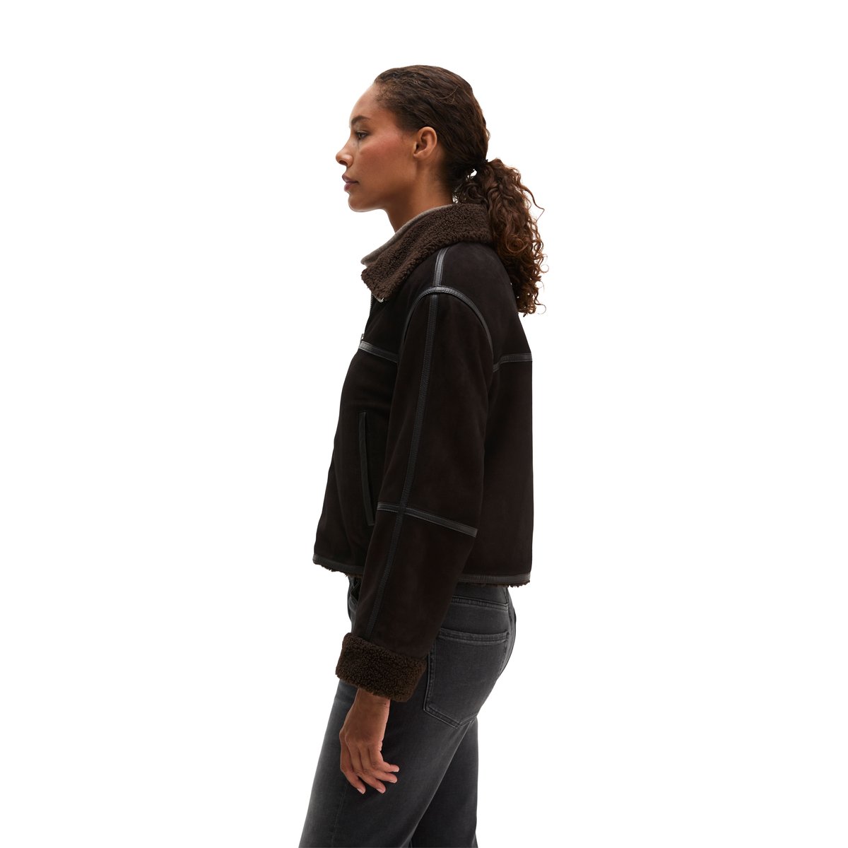 Veste en cuir coupe classique avec une doublure en peluche imitation fourrure à l'intérieur marron, MARC O'POLO