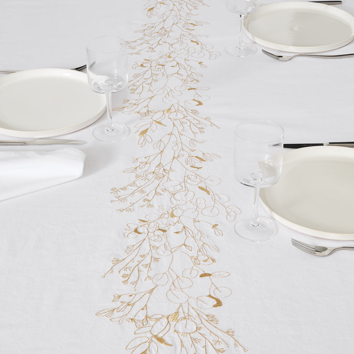 Nappe brodée, en coton lavé, EVANNA blanc, LA REDOUTE INTERIEURS