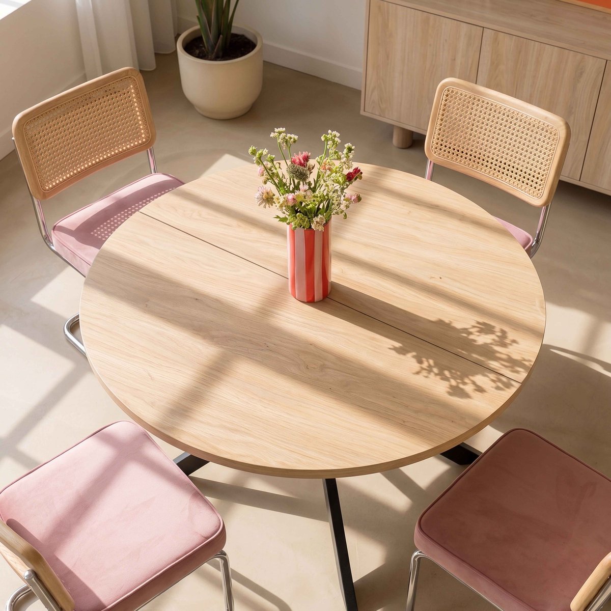 Table à manger extensible ronde en métal et effet bois 6 à 8 personnes, MARCIA beige, OVIALA