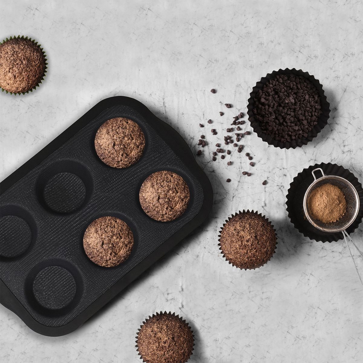 Set à pâtisserie 1 moule à muffins fibre de verre, 2 bols noir|gris, ZENKER