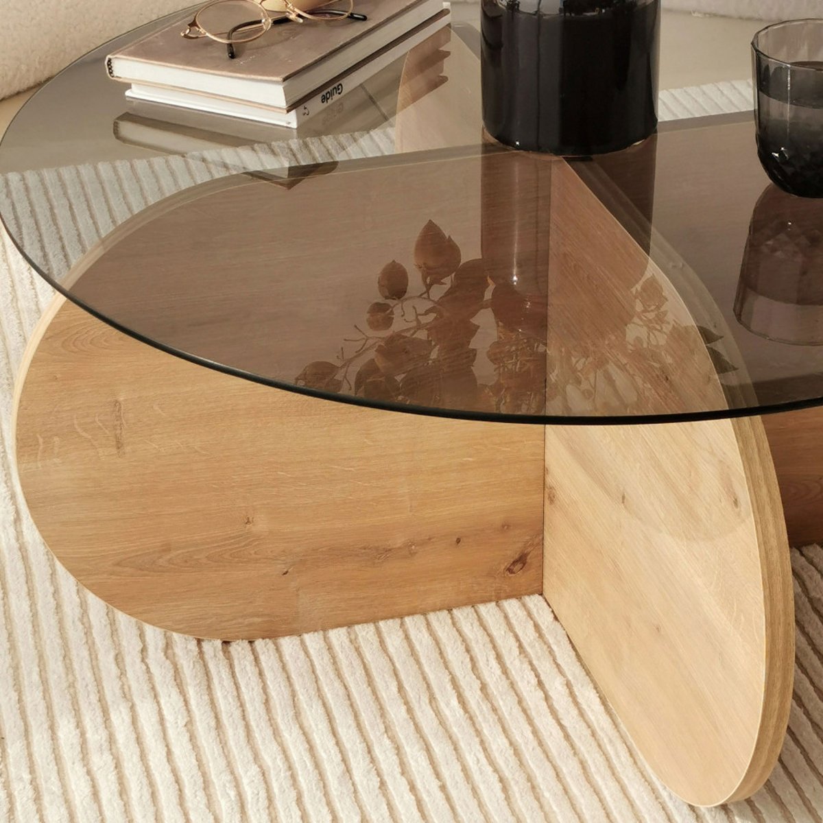 Table basse ronde en verre trempé et bois  75cm- BULLY I bois clair, DRAWER