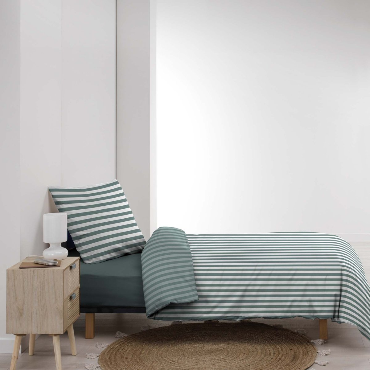 Parure de lit 2 pièces imprimée à rayures housse + taie vert, DOUCEUR D'INTÉRIEUR