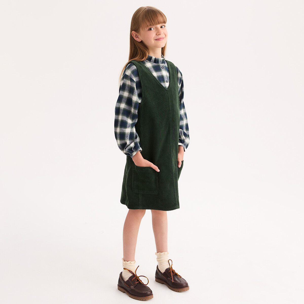 Robe droite, col V, sans manches, en velours côtelé vert, LA REDOUTE COLLECTIONS
