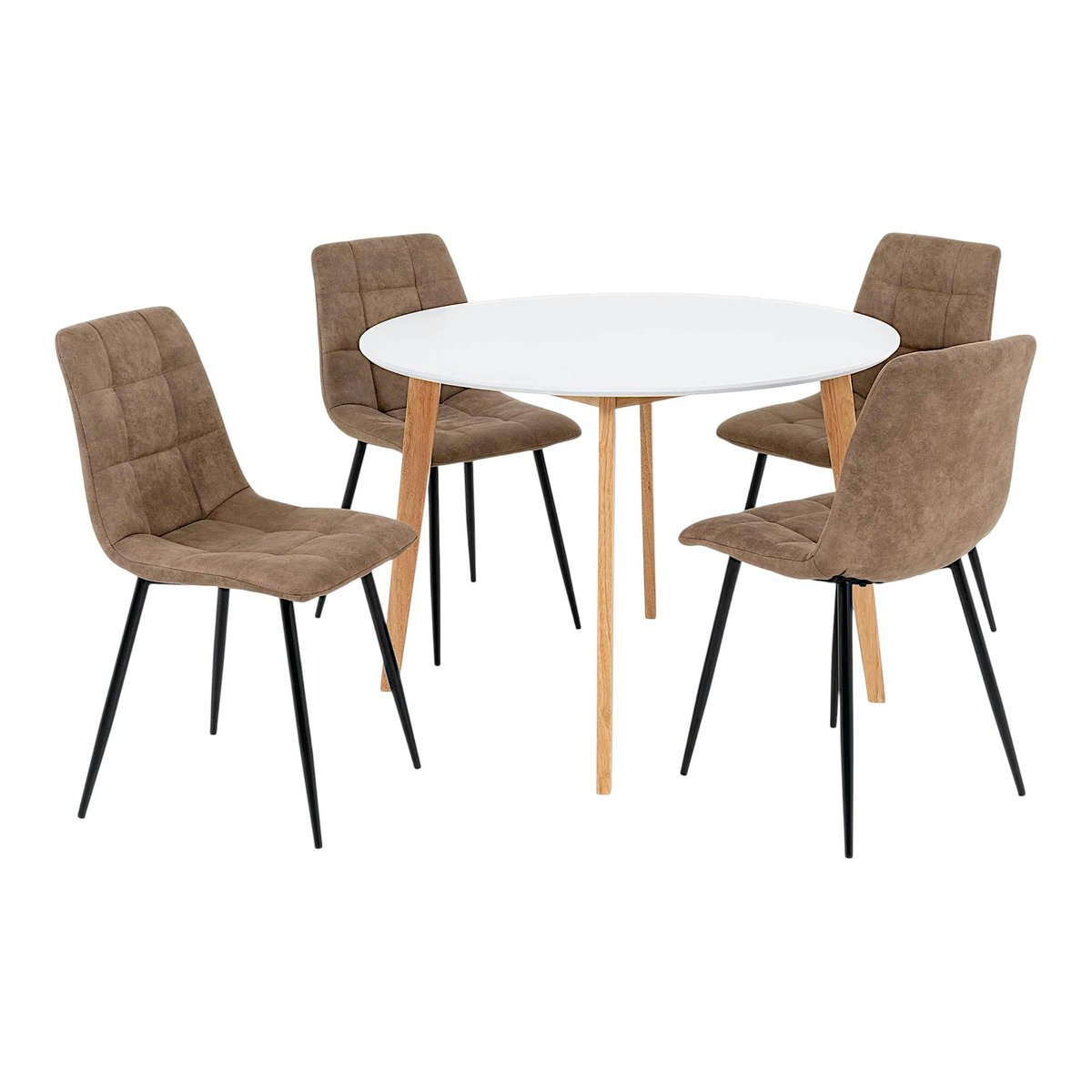Ens. table ronde blanche + 4 chaises microfibre marron OTTA ambre, PIER IMPORT