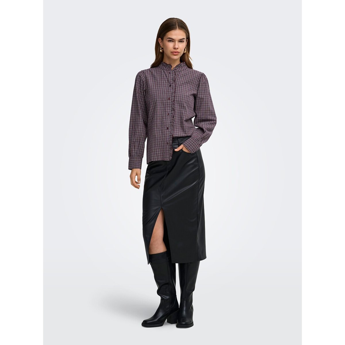 Checked Mandarin Collar Blouse printed burgundy, ONLY
