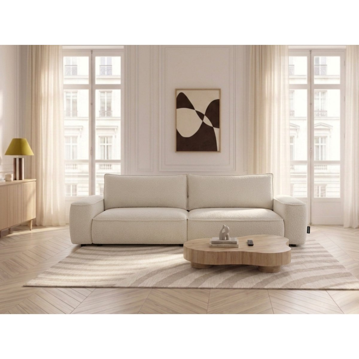 Canapé droit convertible 3 places en tissu chenille, HONORE blanc, BOBOCHIC