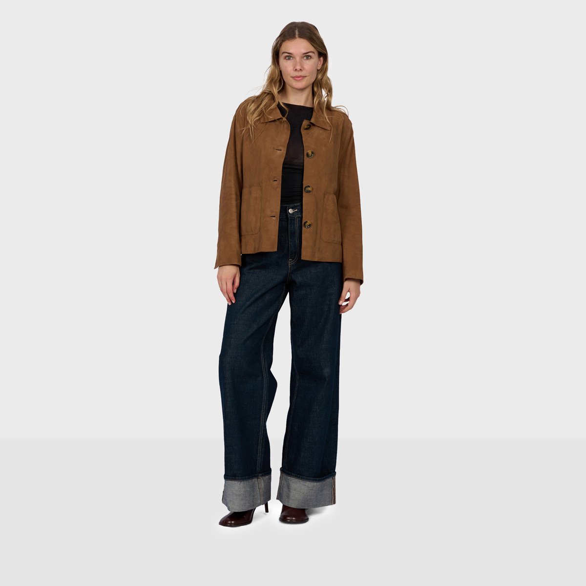 Veste droite en cuir suède HOUSTON marron clair, OAKWOOD