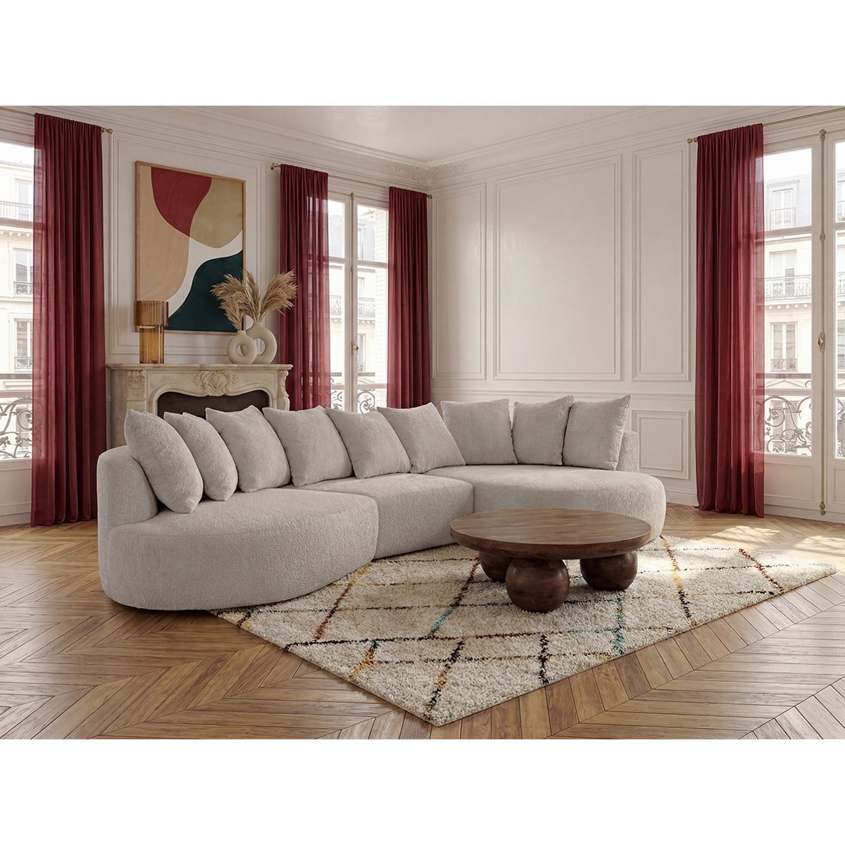 Canapé d'angle fixe 6 places en tissu bouclette, CALYPSO blanc, BOBOCHIC
