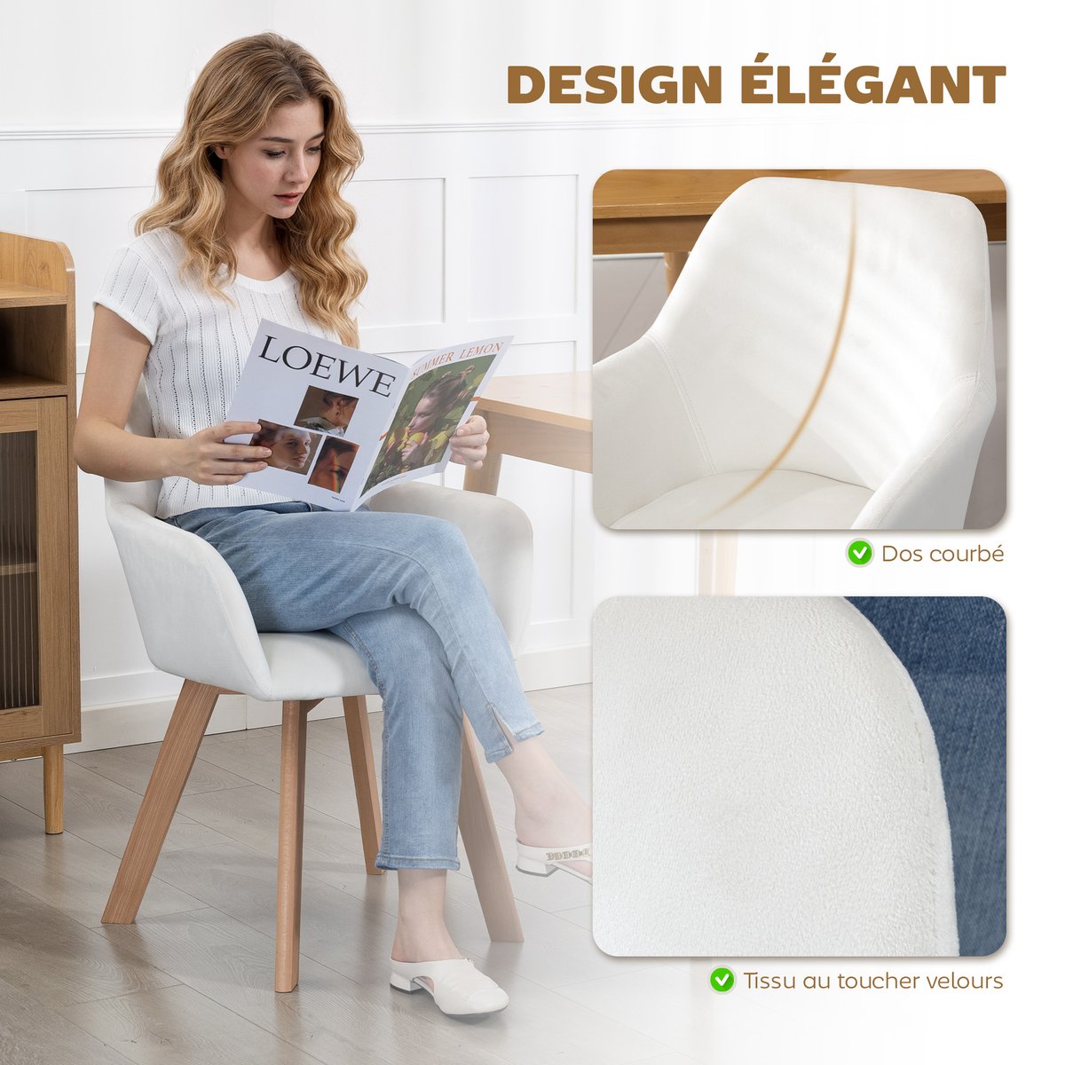 Chaise de salle à manger Tissu polyester crème, HOMCOM