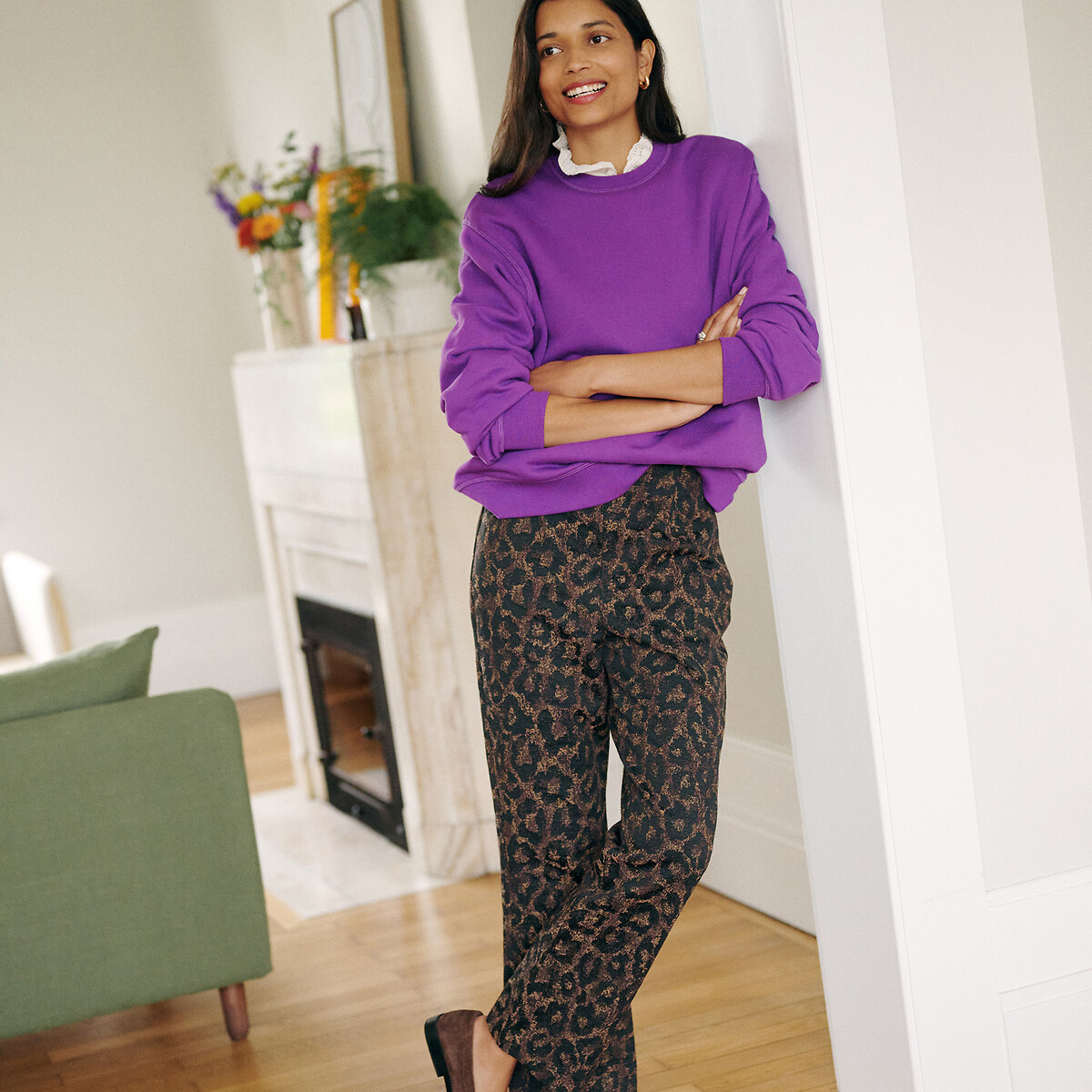 Pantalones bootcut de jacquard con estampado de leopardo leopardo marrón, LA REDOUTE COLLECTIONS
