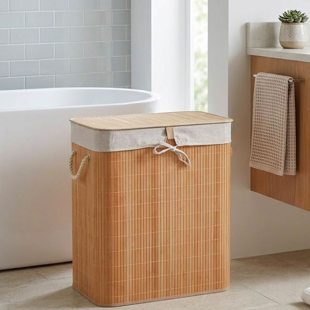 Panier à linge en bambou et intérieur amovible en tissu 50x30x60cm bois, WADIGA