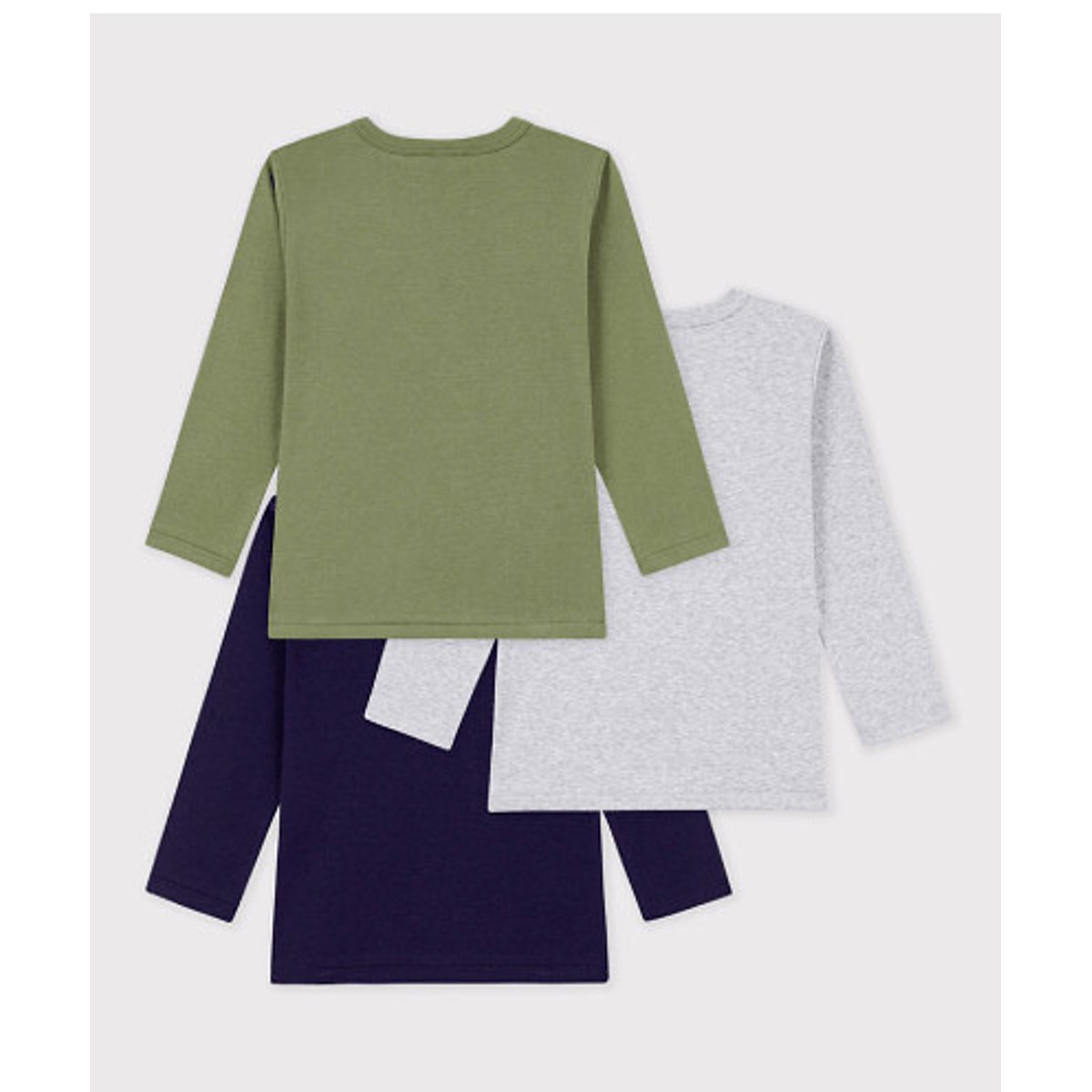 Lot de 3 T-shirts à manches longues bleu marine + kaki + gris, PETIT BATEAU