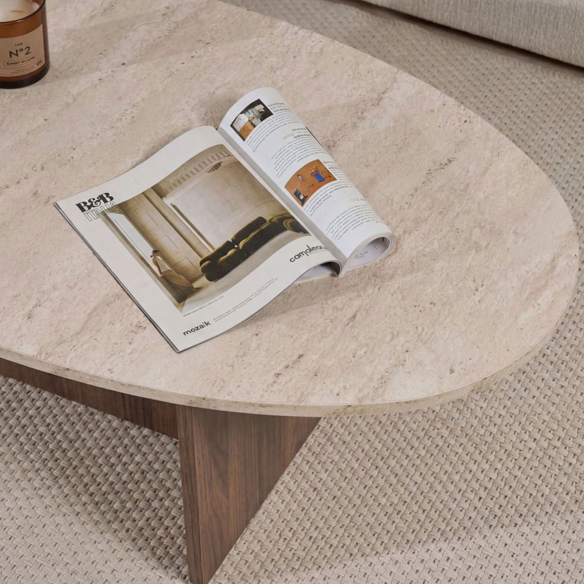 Table basse organique en bois et effet travertin 120x65cm- ORIS beige, DRAWER